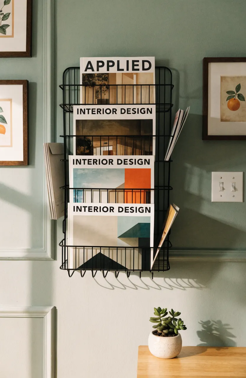 A black wire shower caddy mounted on a sage green wall holding magazines and mail.