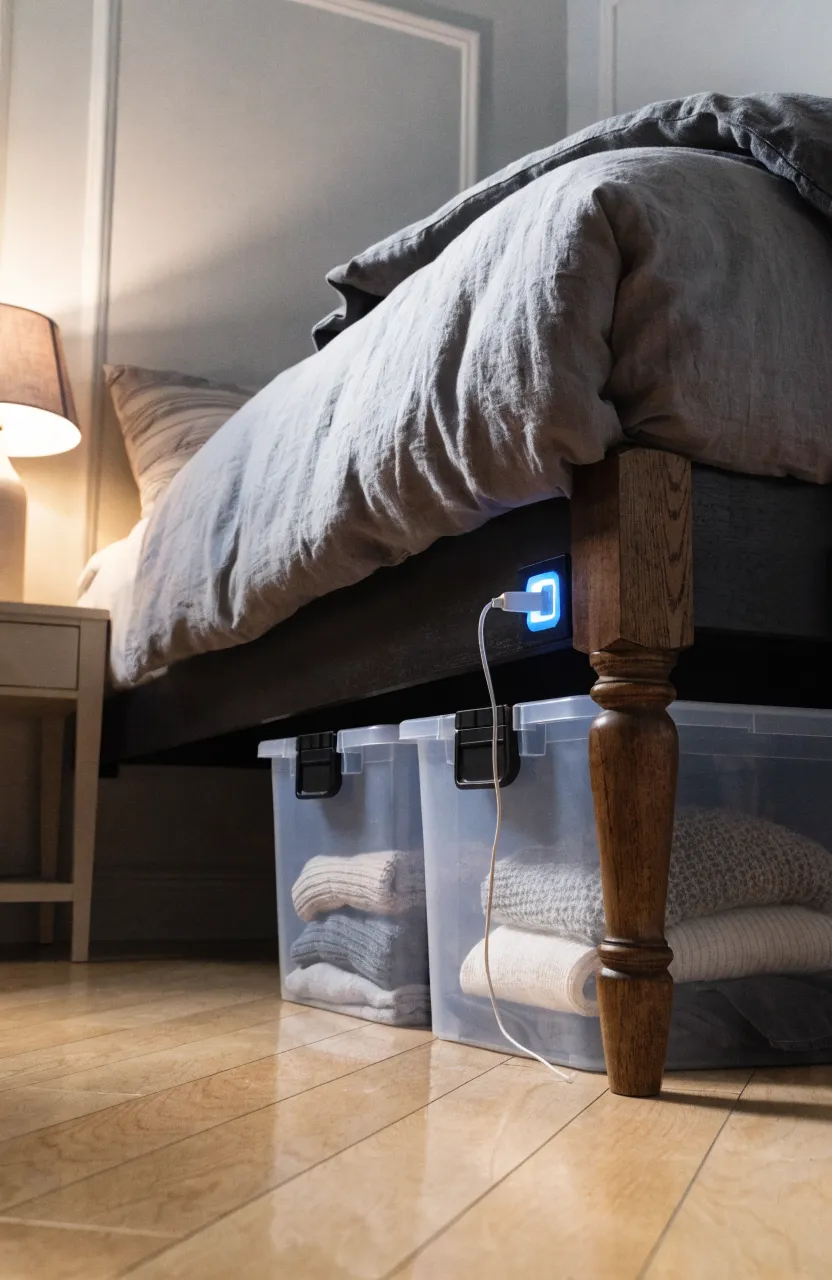 A bed riser with built-in USB ports elevating a bed to create space for storage bins.