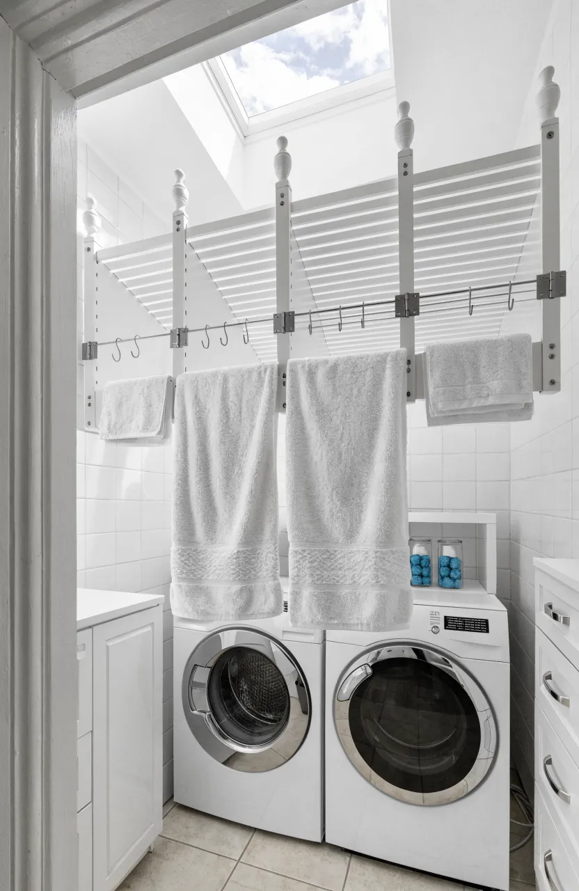 A white foldable drying rack mounted on a laundry room wall above a washer and dryer.