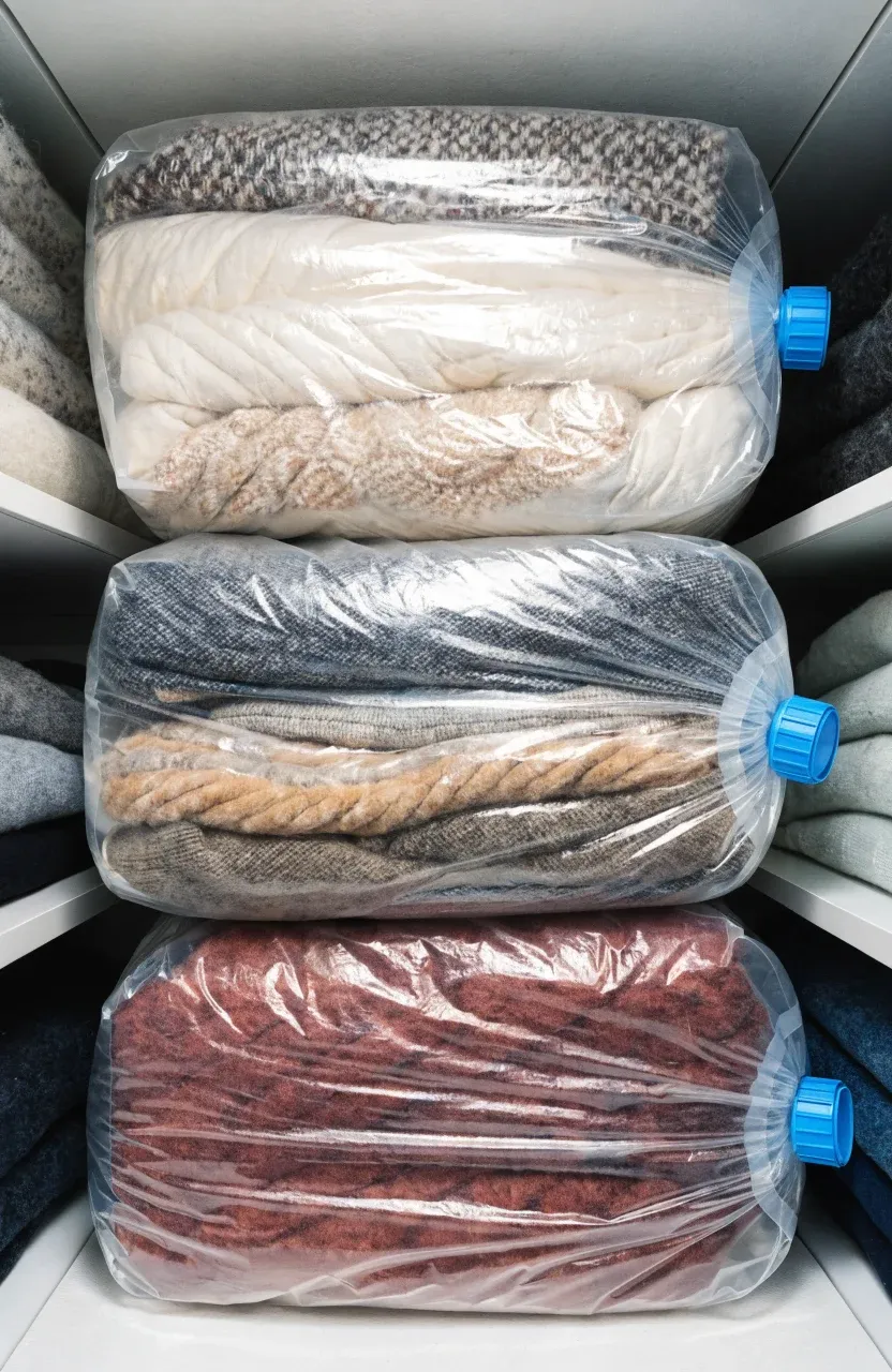 Stacked vacuum-sealed bags containing compressed winter bedding on a white closet shelf.