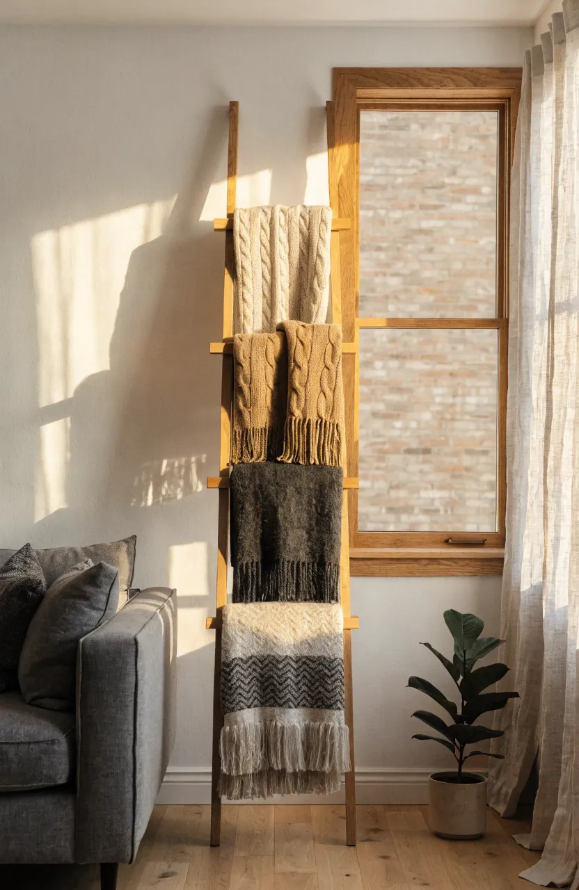 A wooden leaning ladder rack holding several folded throw blankets against a white wall.