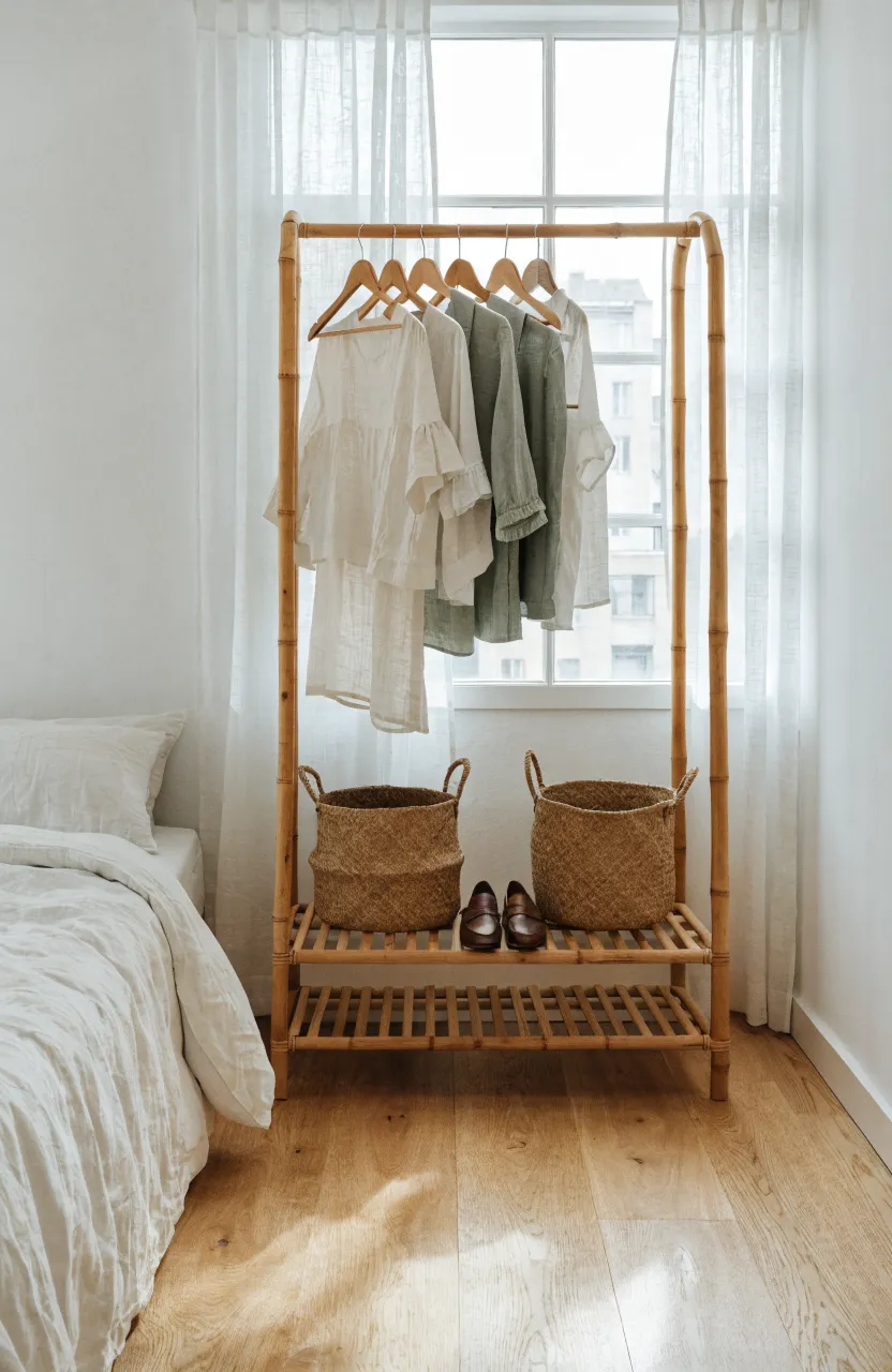 A minimalist bamboo clothing rack with hanging linen clothes and woven baskets in a bright room.