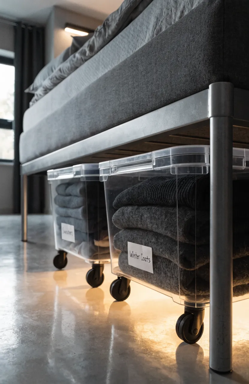 Clear plastic rolling bins filled with folded clothes tucked neatly under a modern platform bed.