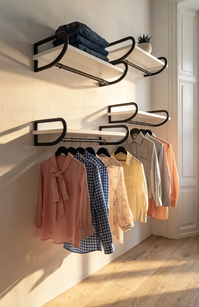 White floating shelves with black rods holding folded jeans and hanging shirts on a bedroom wall.
