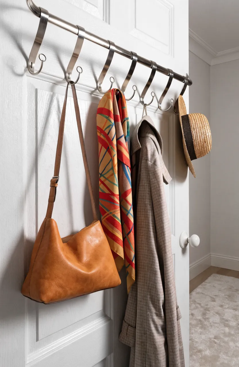 A brushed nickel hook rack over a white door holding a handbag, scarf, and coat.