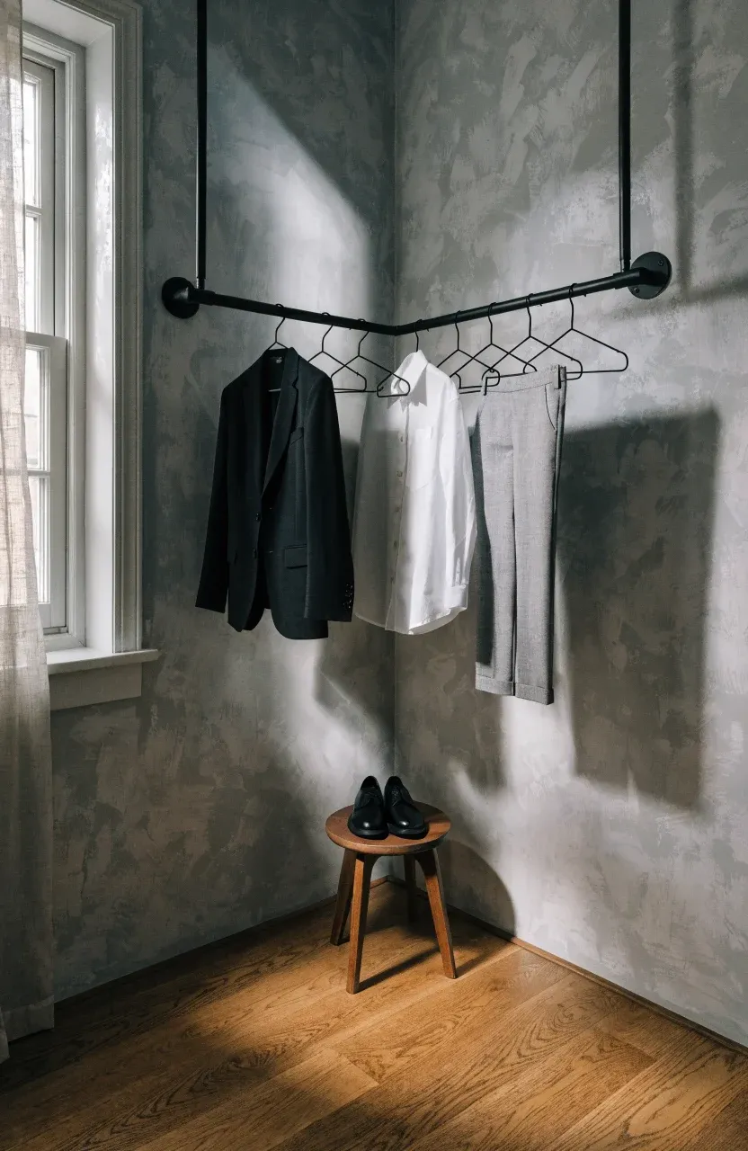 A black metal bar installed diagonally in a room corner holding a curated set of clothes.