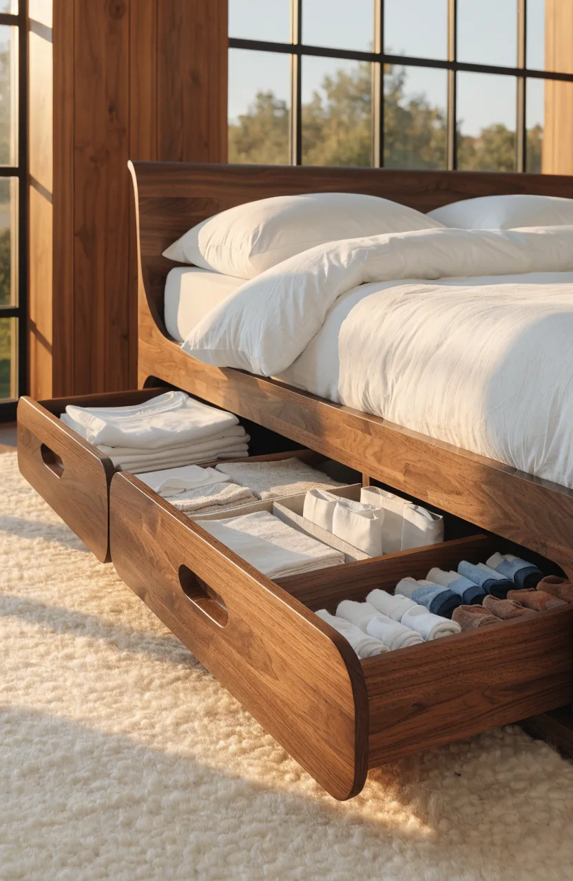 A walnut bed frame with an open side drawer showing neatly organized folded clothes inside.