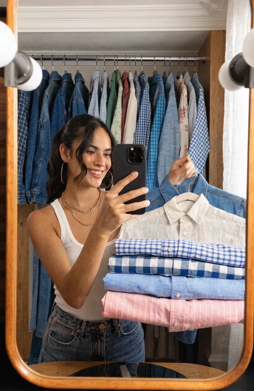 A young woman taking a mirror selfie while holding a space-saving tiered hanger with several shirts.