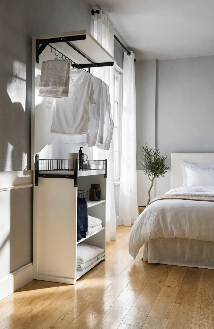 A white wooden fold-down clothes rack mounted on a grey wall in a bright, modern bedroom.
