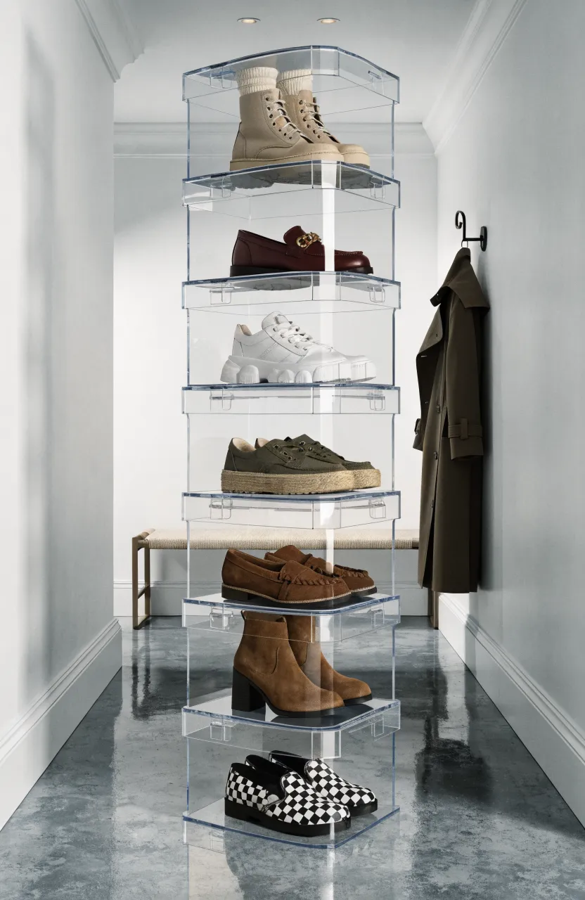 Clear acrylic stackable shoe boxes neatly arranged against a white wall in a small room.