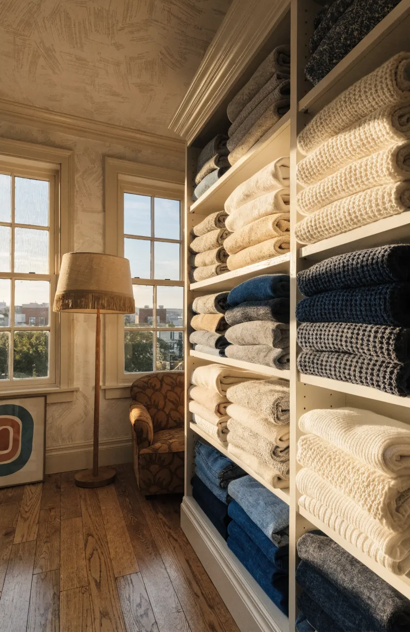 A white bookshelf used to store neatly folded sweaters and jeans in a cozy studio apartment.