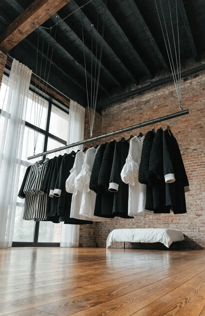 A black metal rod suspended from the ceiling holding clothes, leaving the floor space clear.