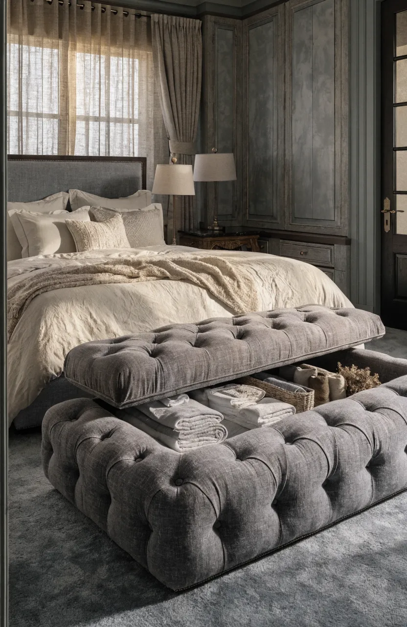 A grey tufted storage ottoman at the foot of a bed, used for hiding extra linens and clothes.