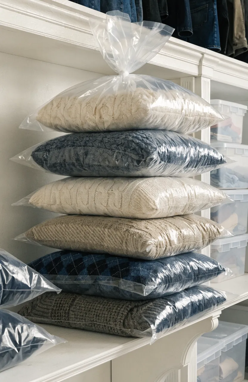 Flat, vacuum-sealed bags containing compressed sweaters stacked neatly on a white shelf.