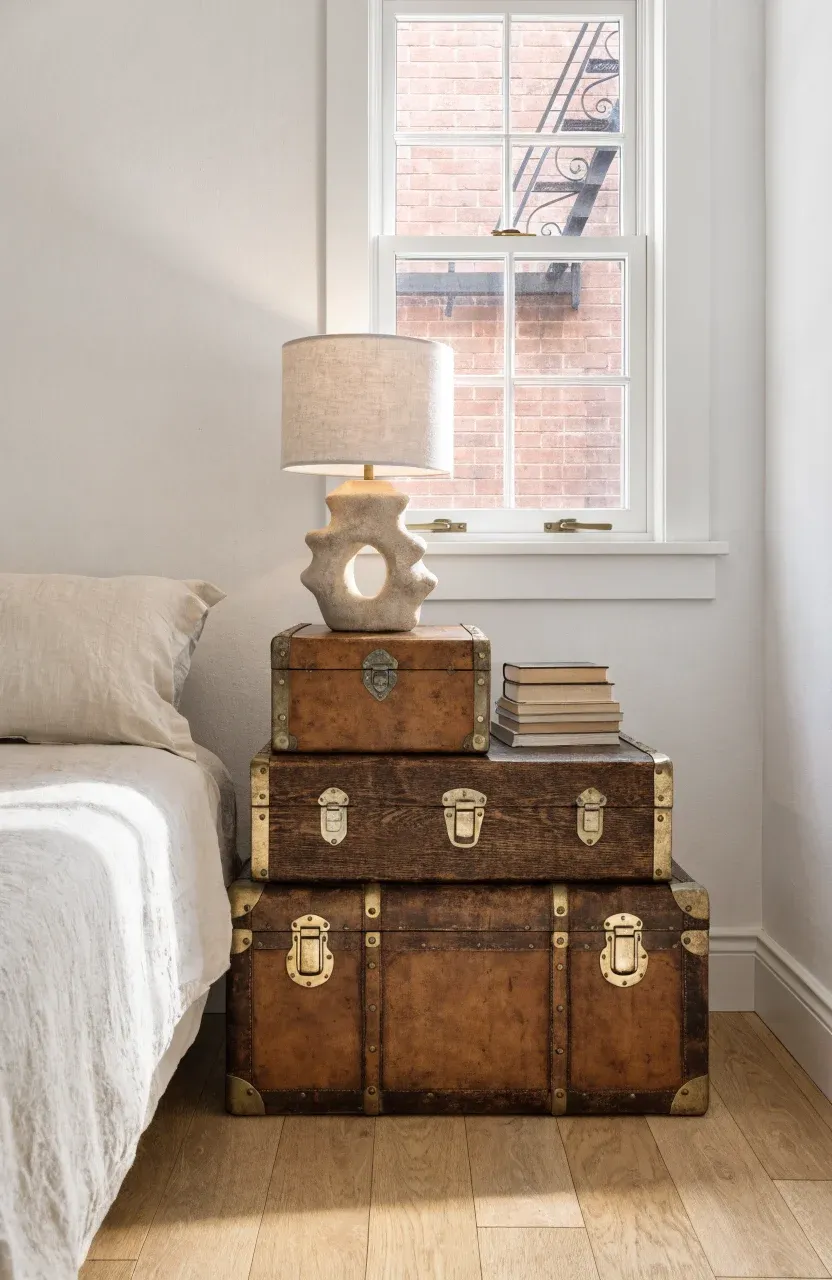 Three vintage leather trunks stacked as a nightstand next to a bed in a bright, small bedroom.