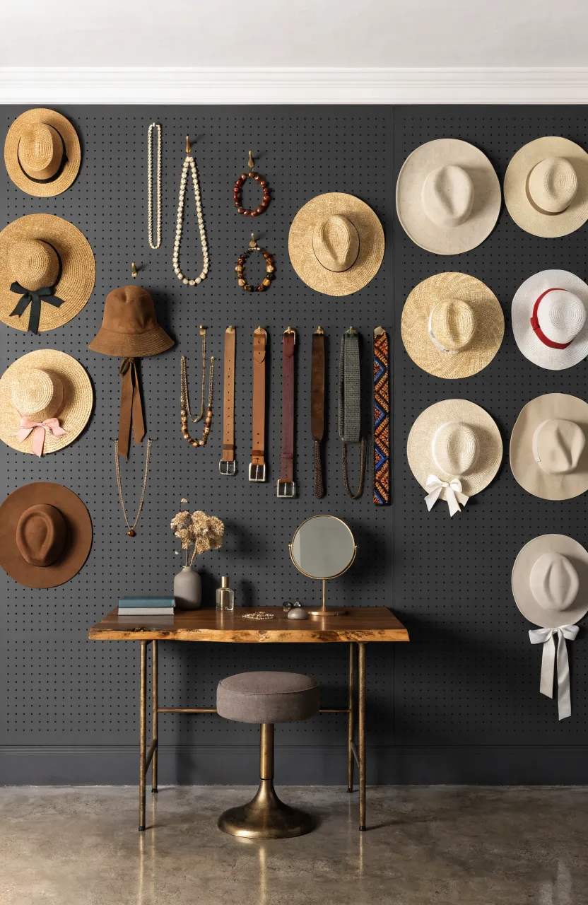 A large charcoal gray pegboard on a bedroom wall holding hats and jewelry in an organized display.
