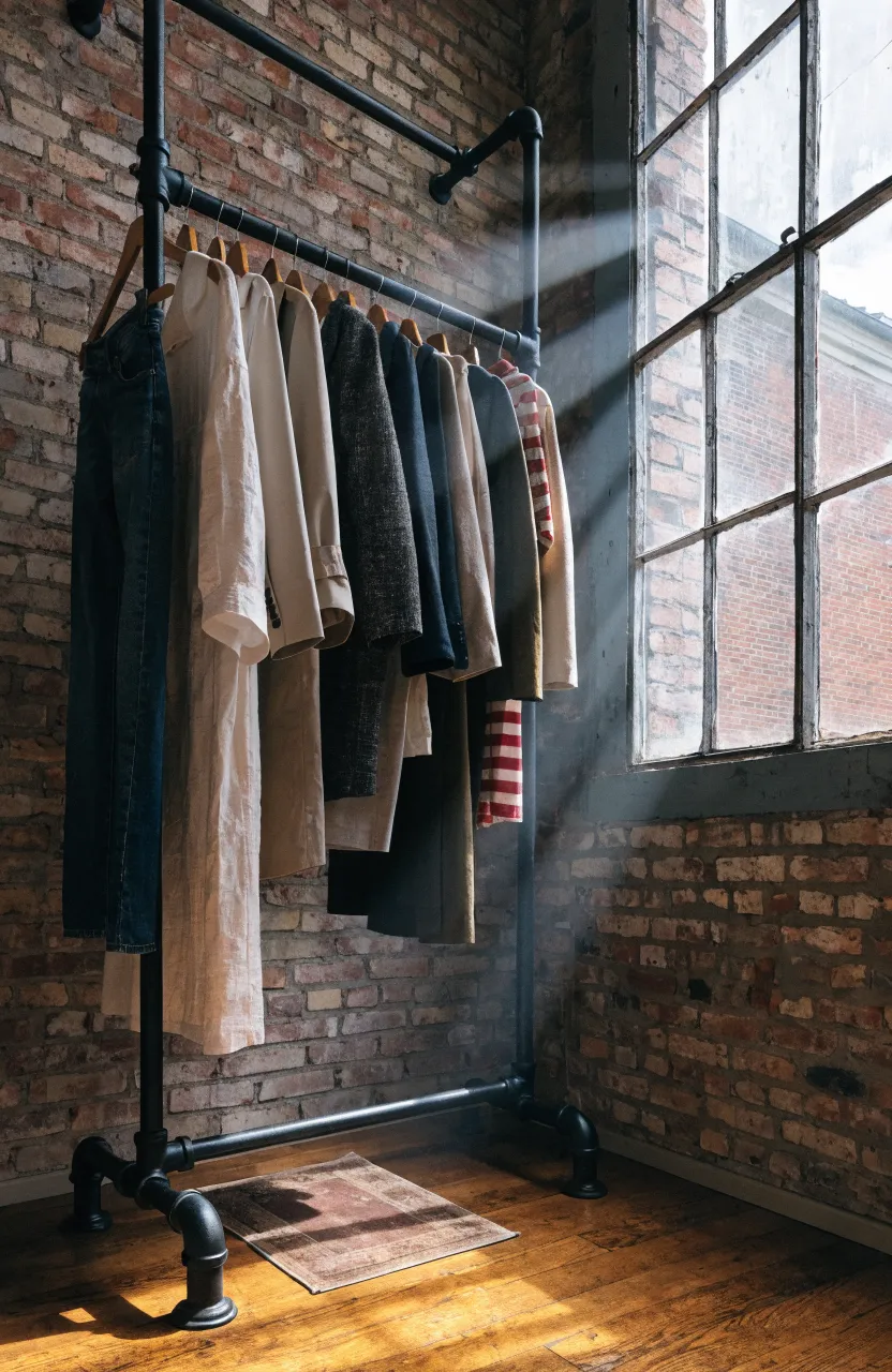 A sturdy black industrial pipe clothing rack filled with clothes against an exposed brick wall.