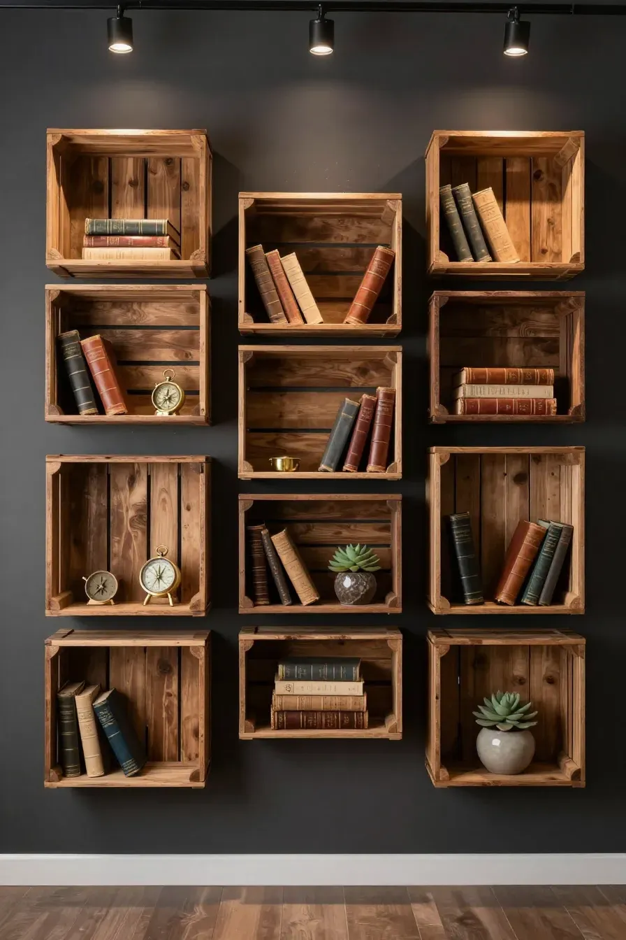 A wall-mounted modular bookshelf made of various reclaimed wooden crates filled with books.
