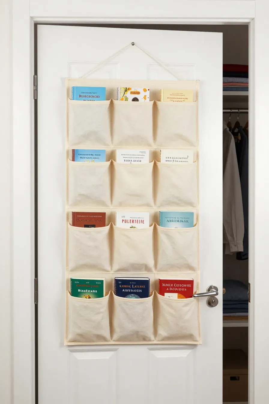 A canvas over-the-door organizer with pockets filled with paperback books on a white door.