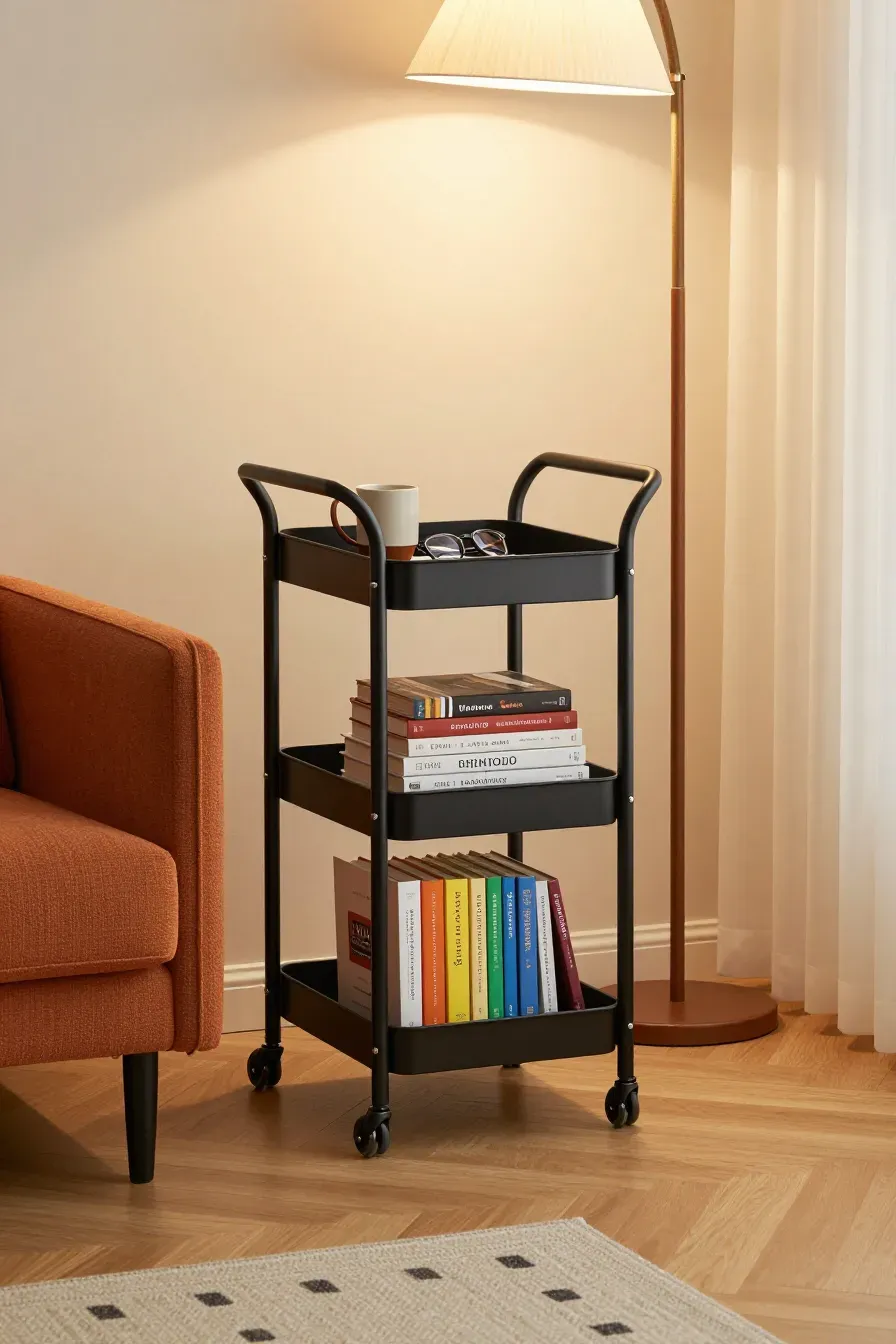 A three-tier black metal rolling cart filled with books parked next to a cozy armchair.