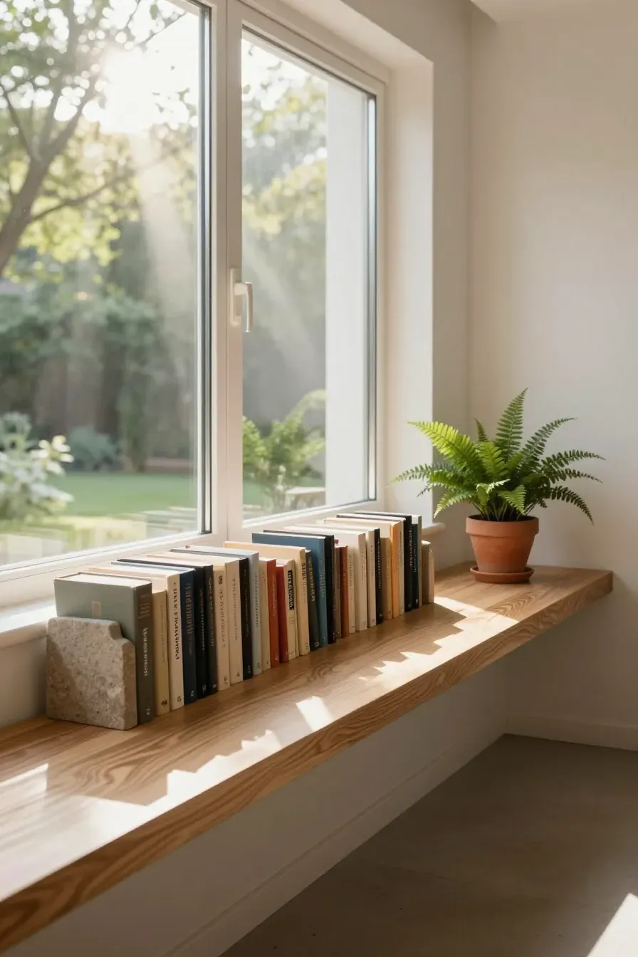 A wide wooden window sill extension used as a bookshelf, sunlit with books and a small plant.