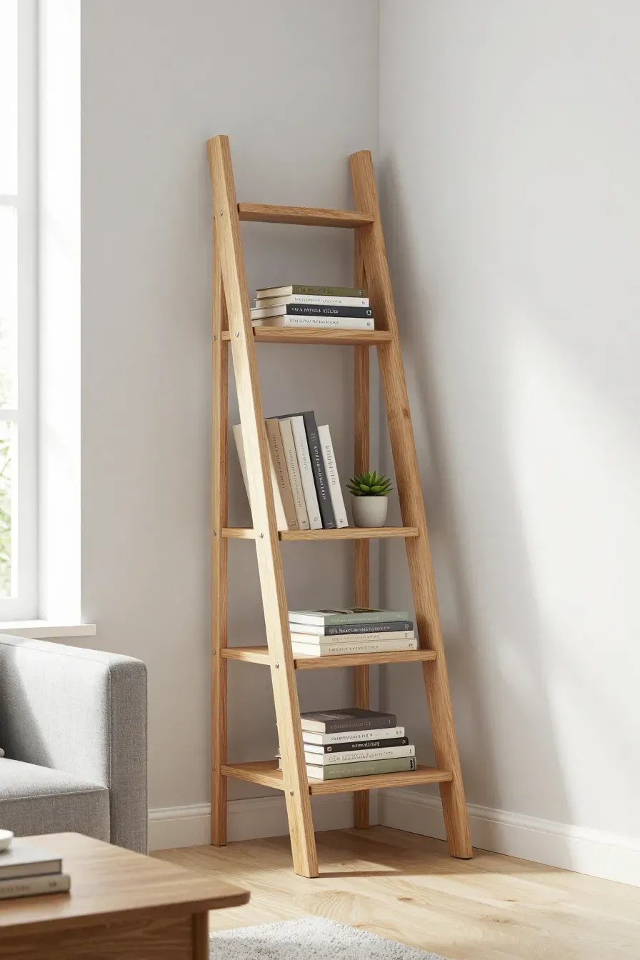 A wooden ladder bookshelf leaning against a white wall with books organized by size.