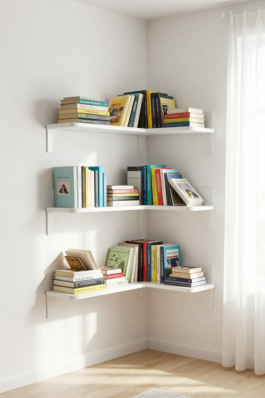 White floating corner shelves filled with colorful books in a bright room corner.
