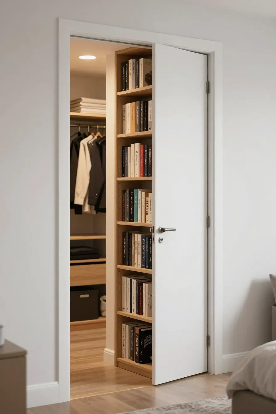 Shallow bookshelves built into the inner frame of an open closet door.