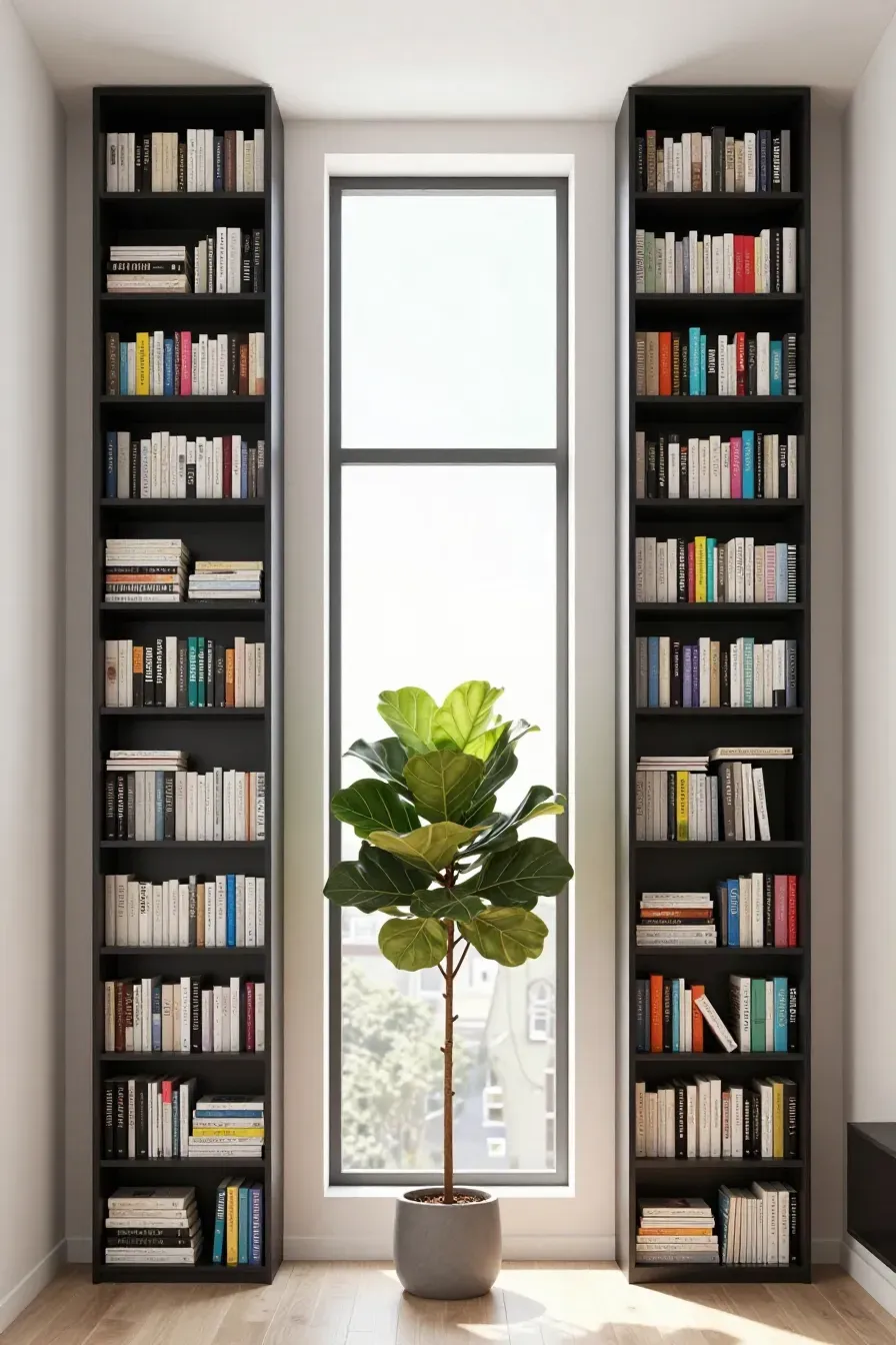 Two tall, narrow black bookcases flanking a window in a bright modern room.