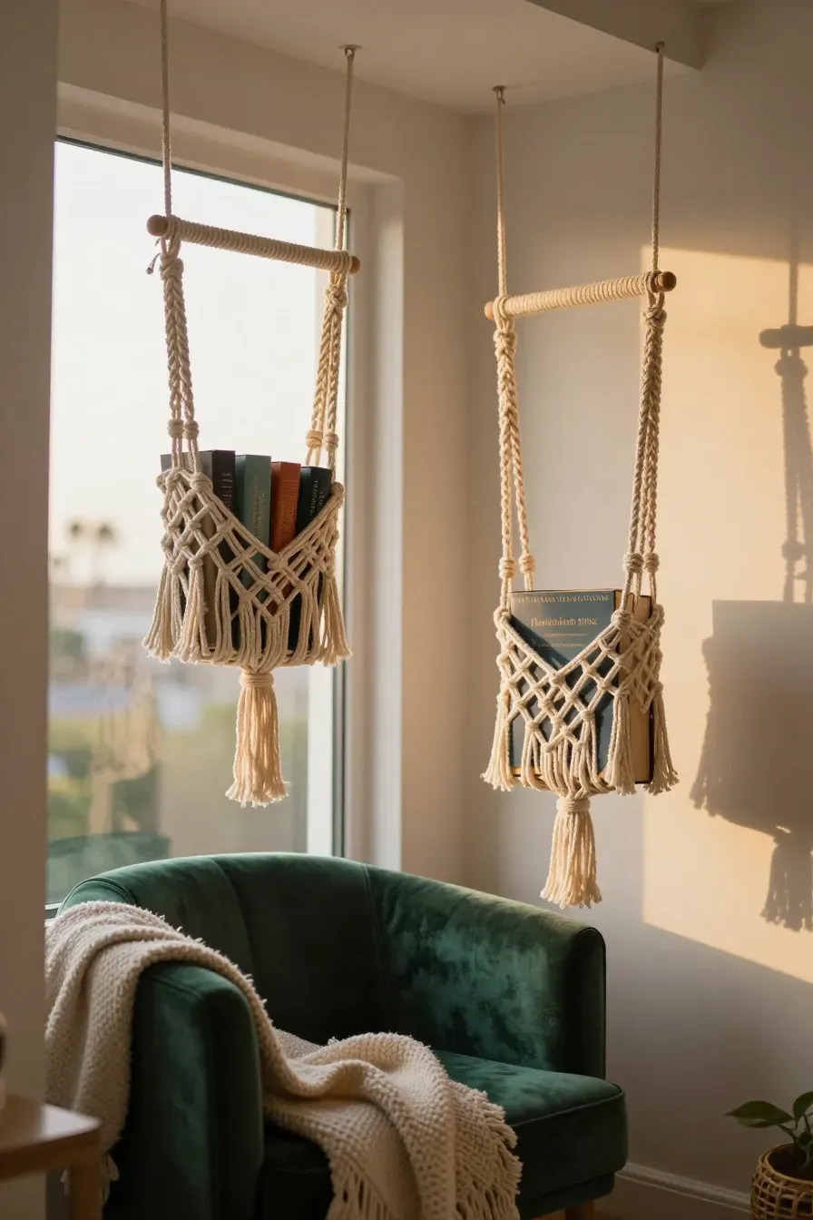 Woven macramé slings hanging from the ceiling holding several books.