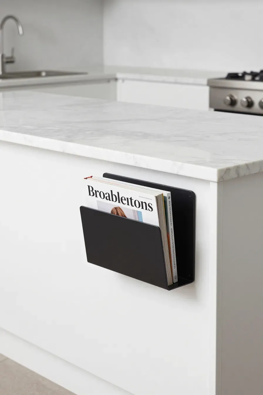A slim black metal rack attached to the side of a kitchen island holding cookbooks.
