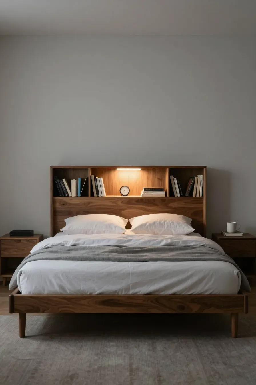 A wooden bed headboard with built-in shelves filled with books and a reading light.