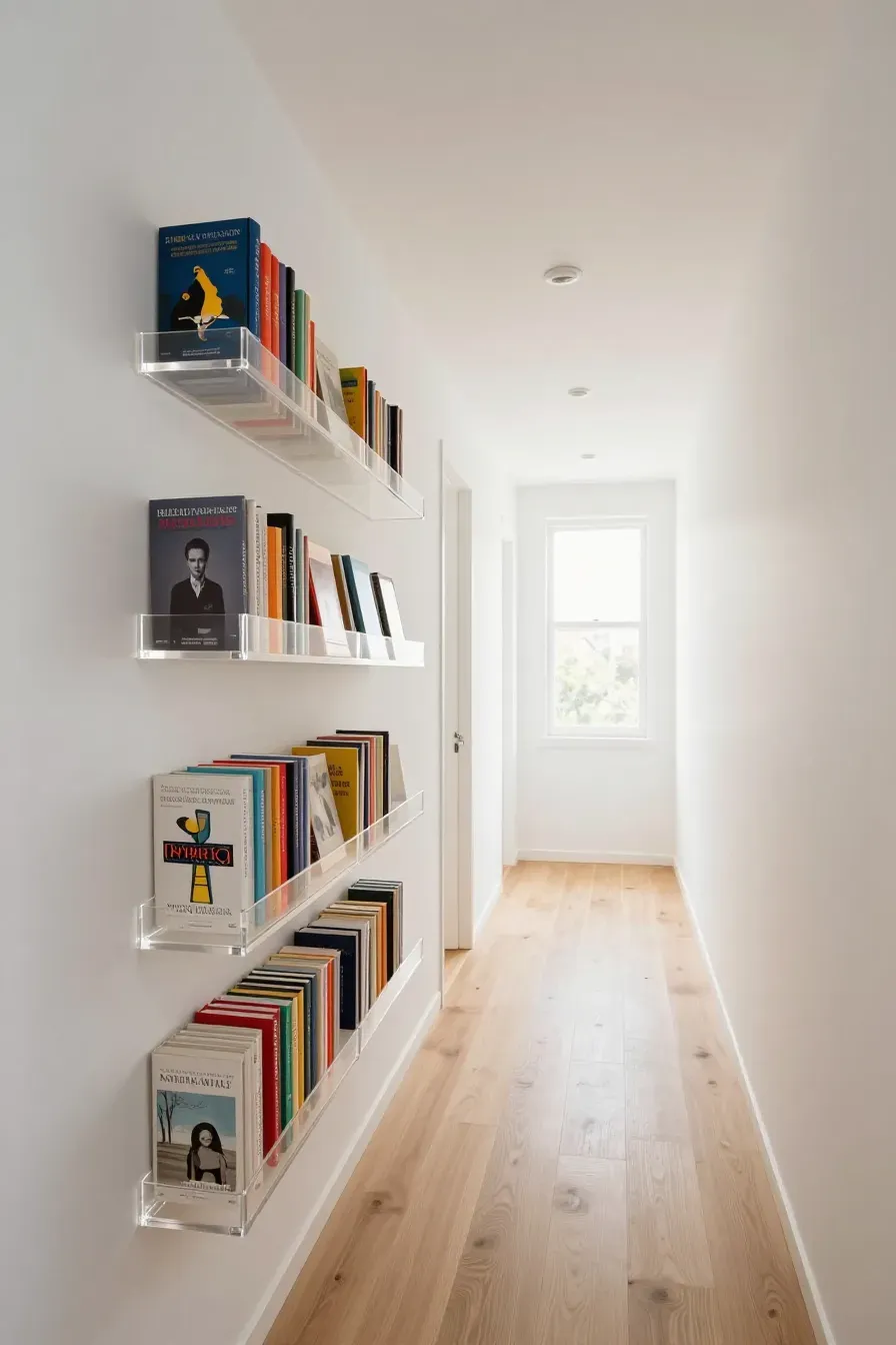 Clear acrylic wall shelves displaying colorful books face-out in a bright, narrow white hallway.