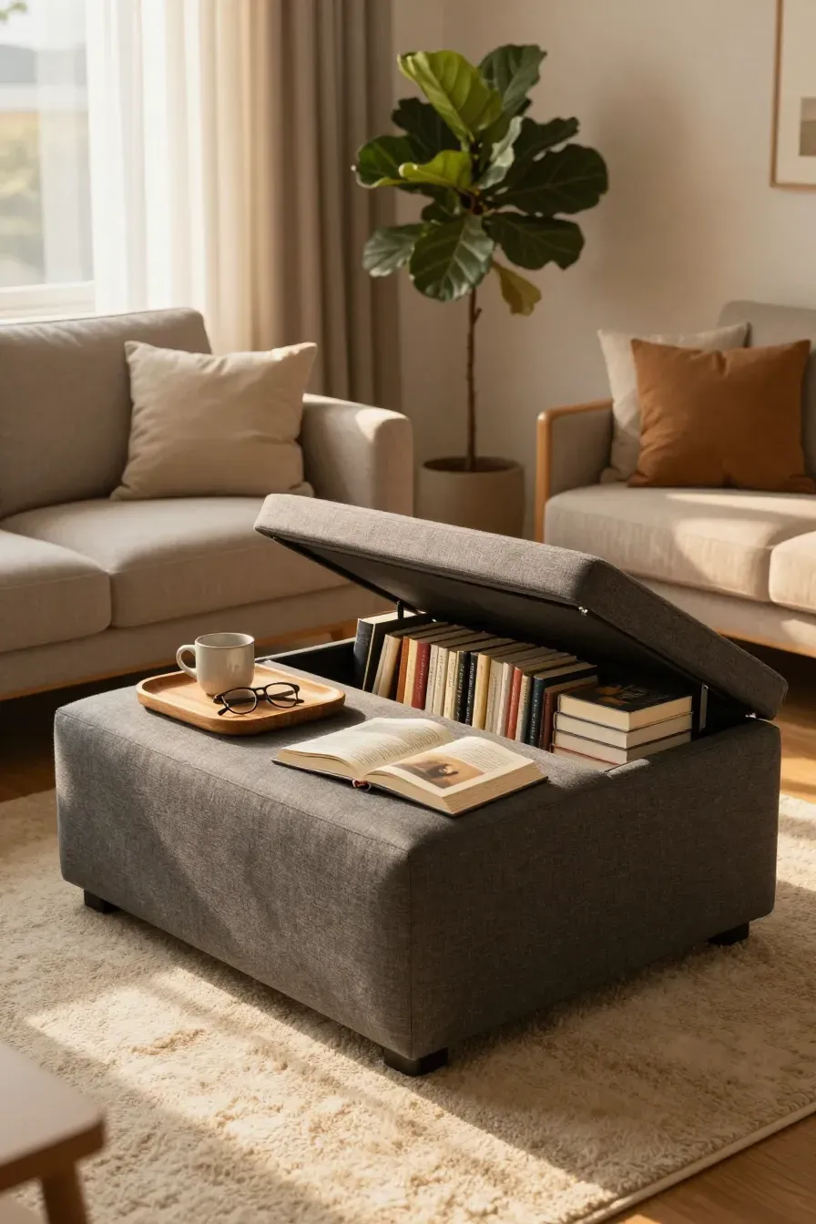 A gray fabric ottoman in a living room with its lid open to reveal books stored inside.