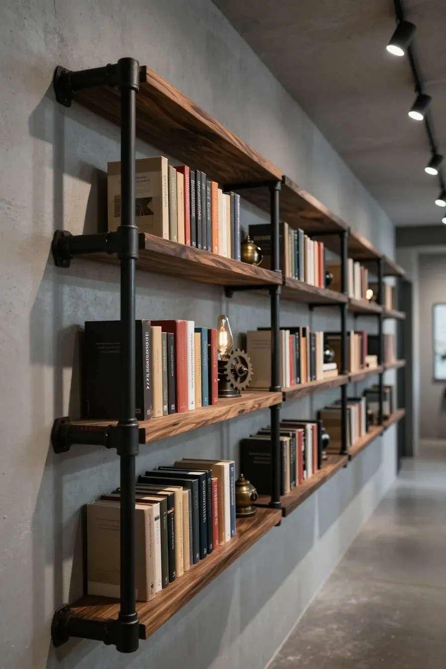 Slim industrial shelves made of black pipes and wood holding books in a narrow gray hallway.