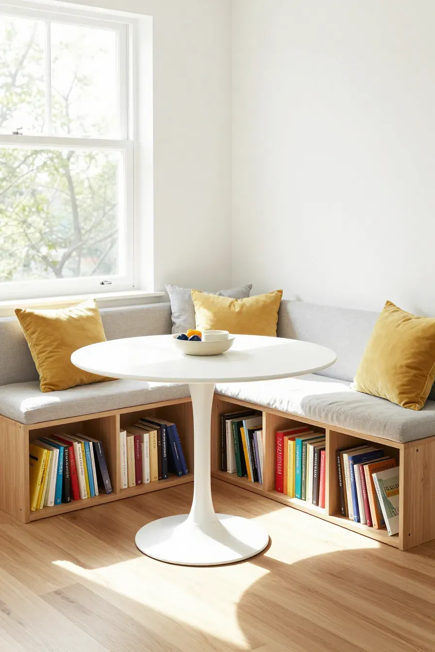 A wooden dining bench with open cubbies underneath filled with colorful books.