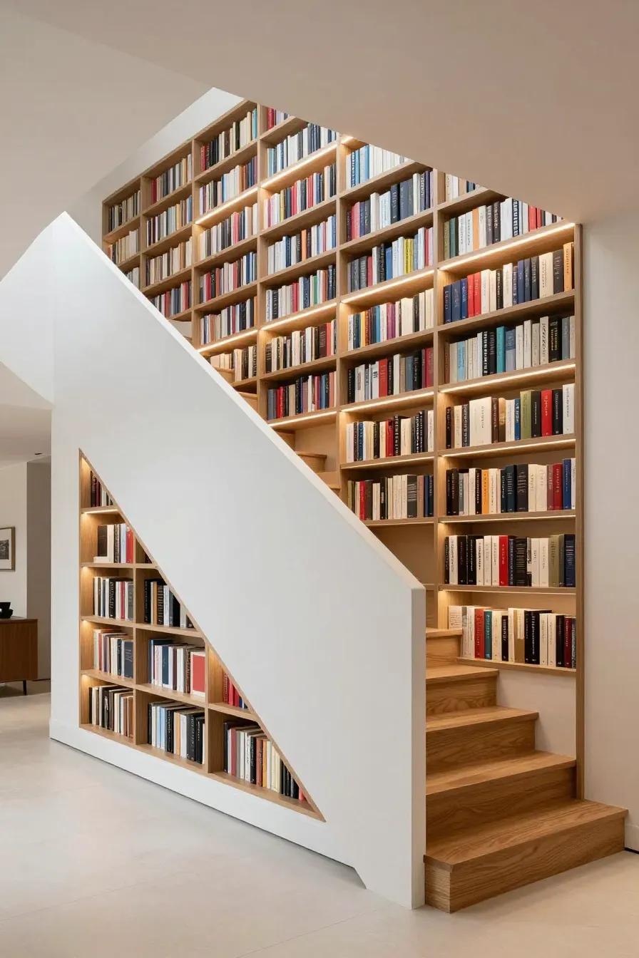 Built-in bookshelves recessed into the side wall of a modern wooden staircase.