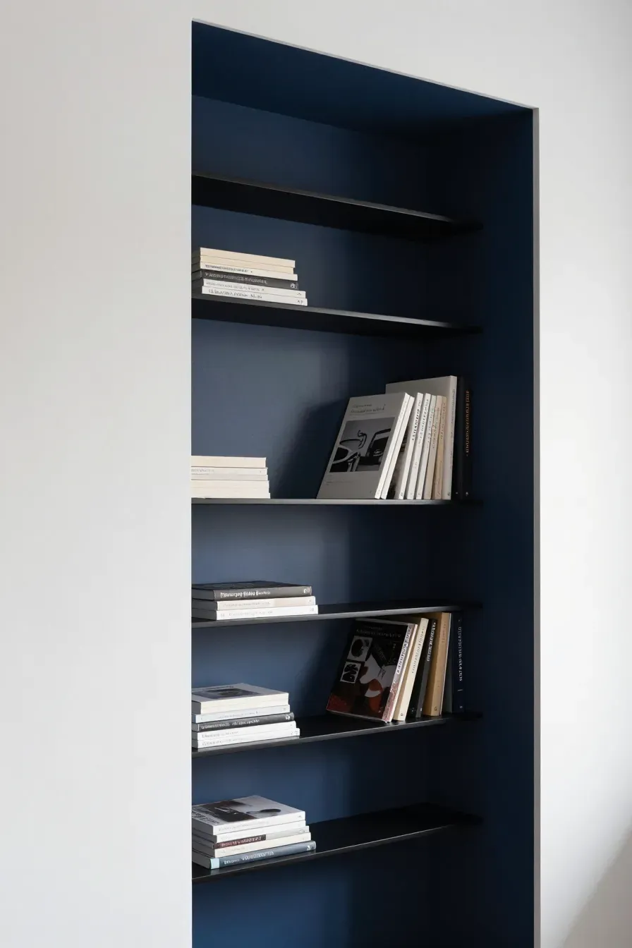 Thin black ledges mounted in a navy blue wall alcove holding magazines and books.