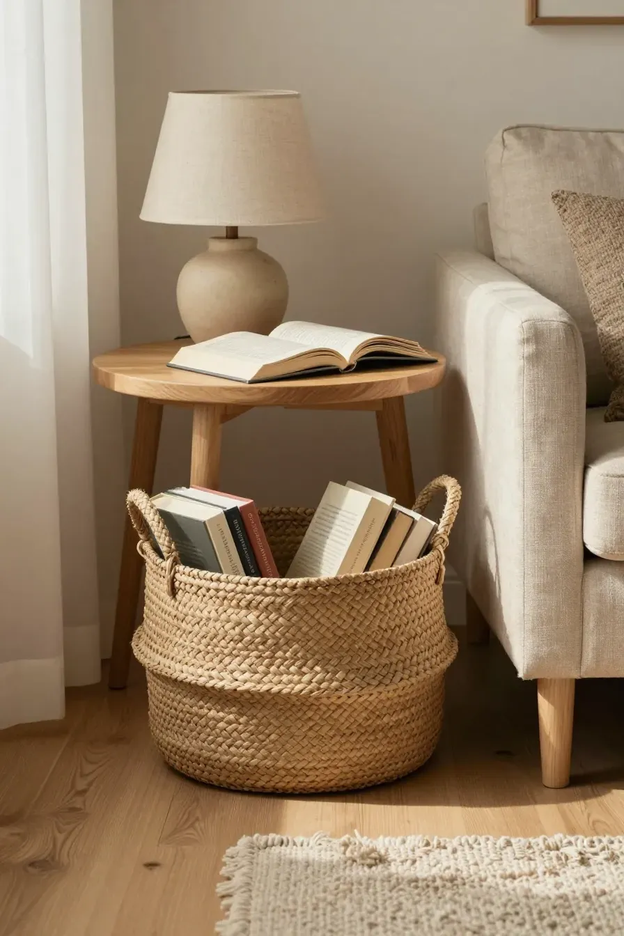 A woven seagrass basket filled with books tucked under a wooden side table in a cozy room.