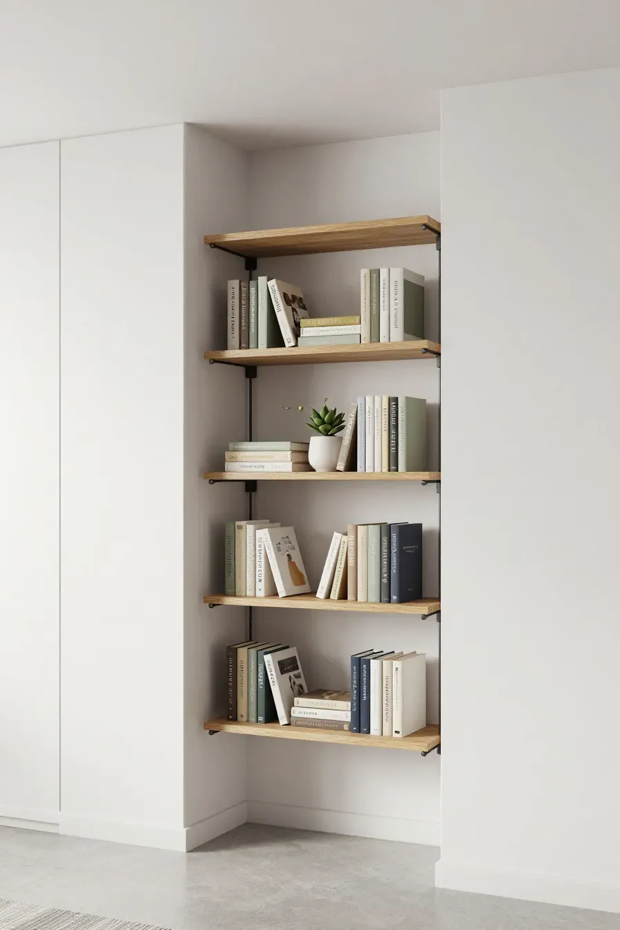 A narrow wall nook featuring DIY shelves made from black tension rods and light wood planks filled with books.