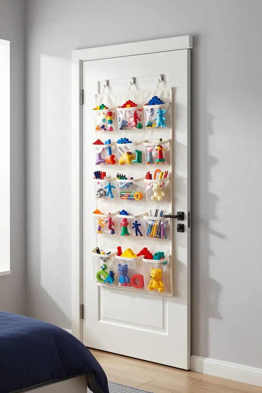 A white door with a clear pocket organizer filled with colorful toys in a bright, modern bedroom.