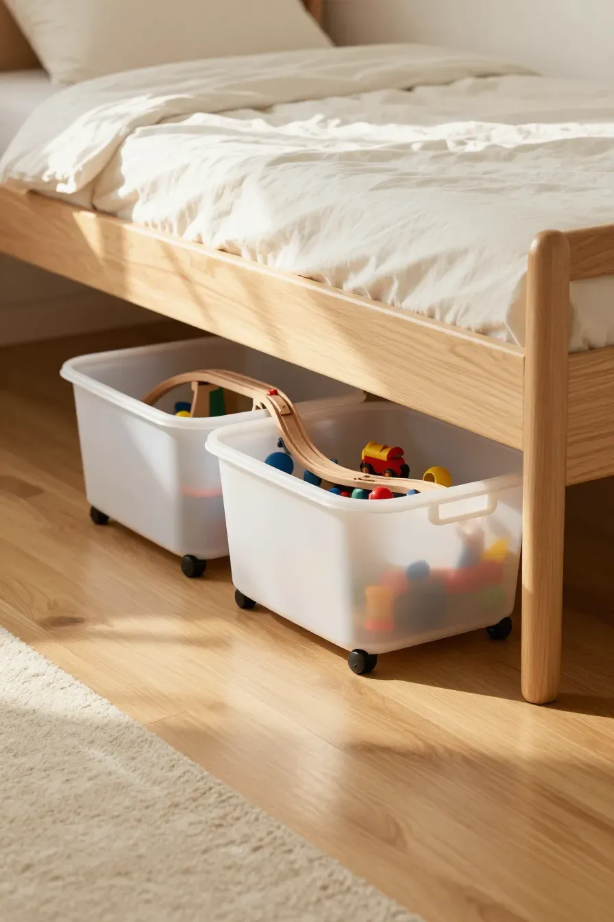 Rolling plastic bins filled with train sets tucked under a light wood bed on a hardwood floor.