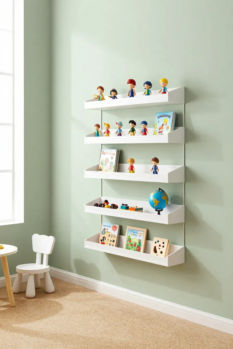 Vertical white floating shelves on a sage green wall holding books and toys in a bright playroom.
