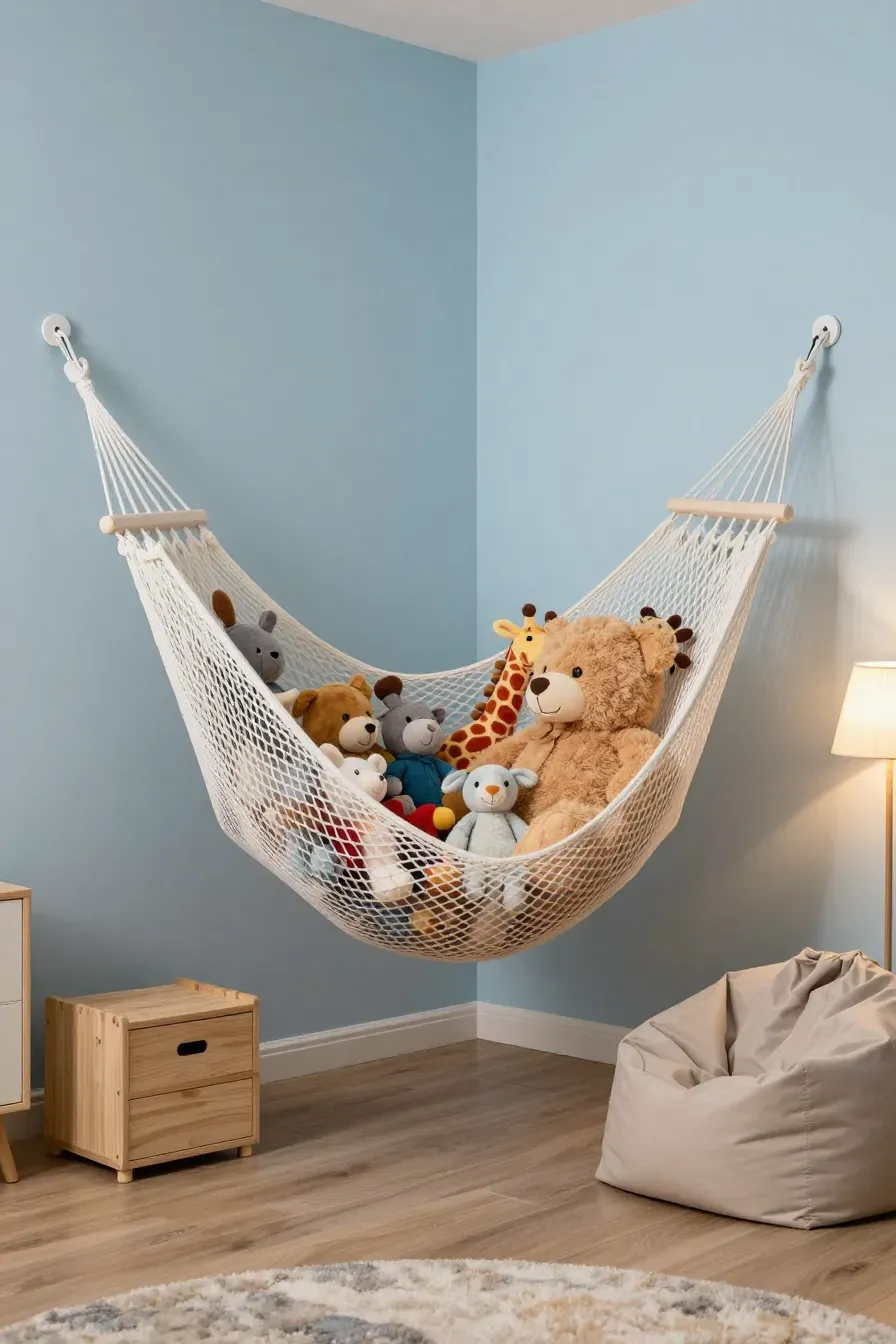 A white mesh hammock filled with stuffed animals hanging in the corner of a blue bedroom.