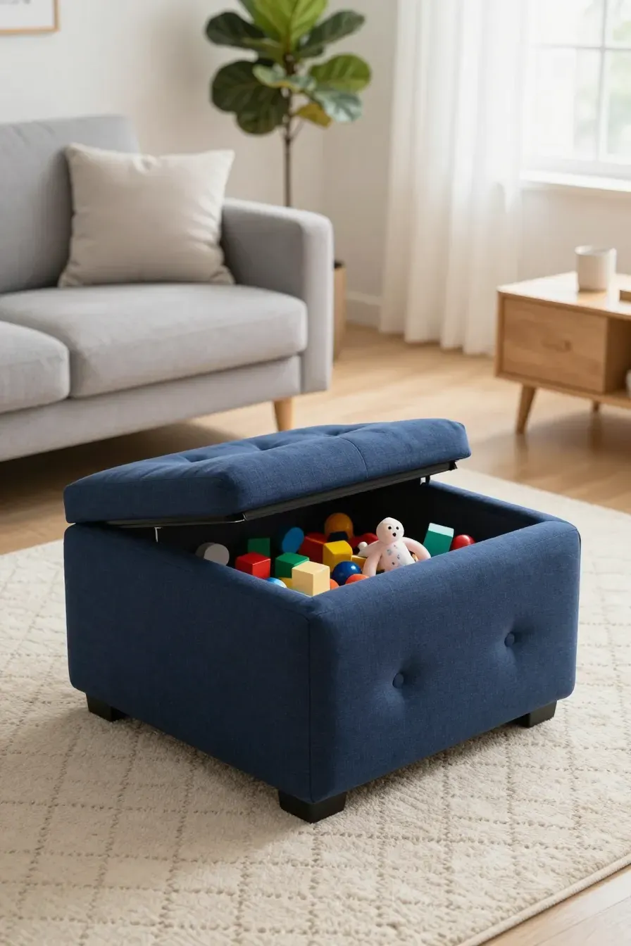 A navy blue tufted storage ottoman with toys inside sitting on a rug in a modern living room.