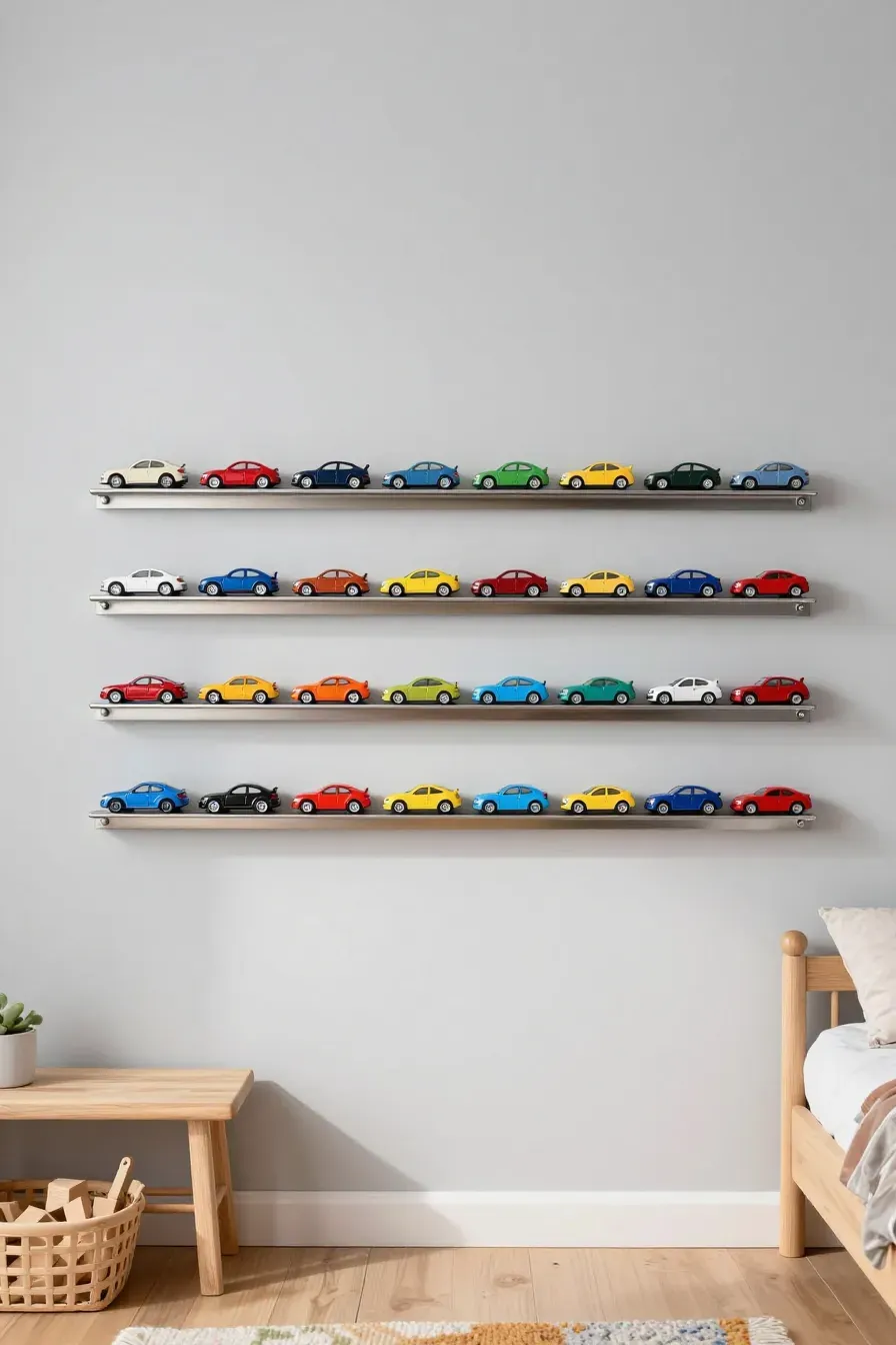 Three magnetic strips on a gray wall holding a colorful collection of metal toy cars.