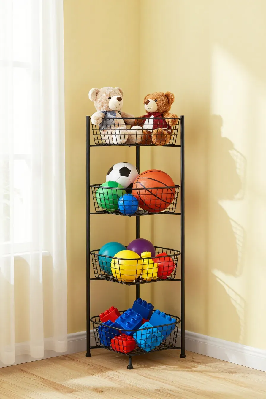 A three-tier black wire basket stand filled with toys in the corner of a sunny yellow room.
