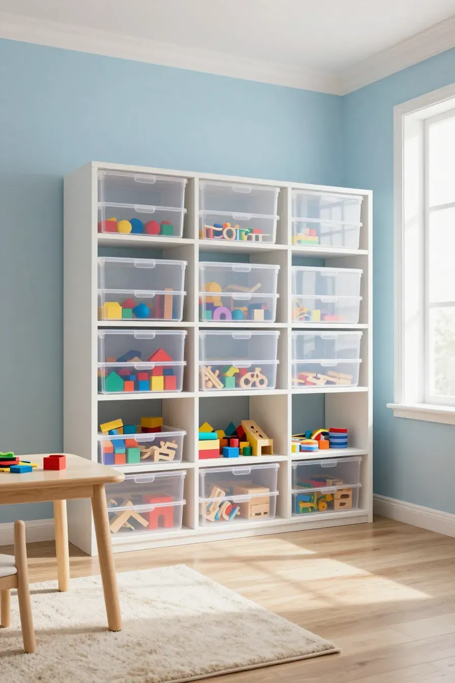 Neat rows of clear plastic shoe boxes filled with colorful toys on white shelves in a bright room.