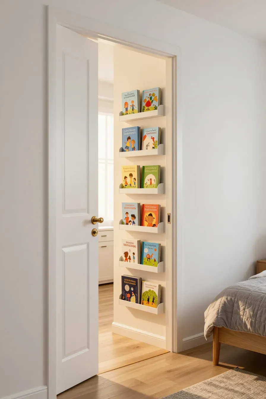 Slim white book racks mounted on a wall behind an open door, holding colorful children's books.