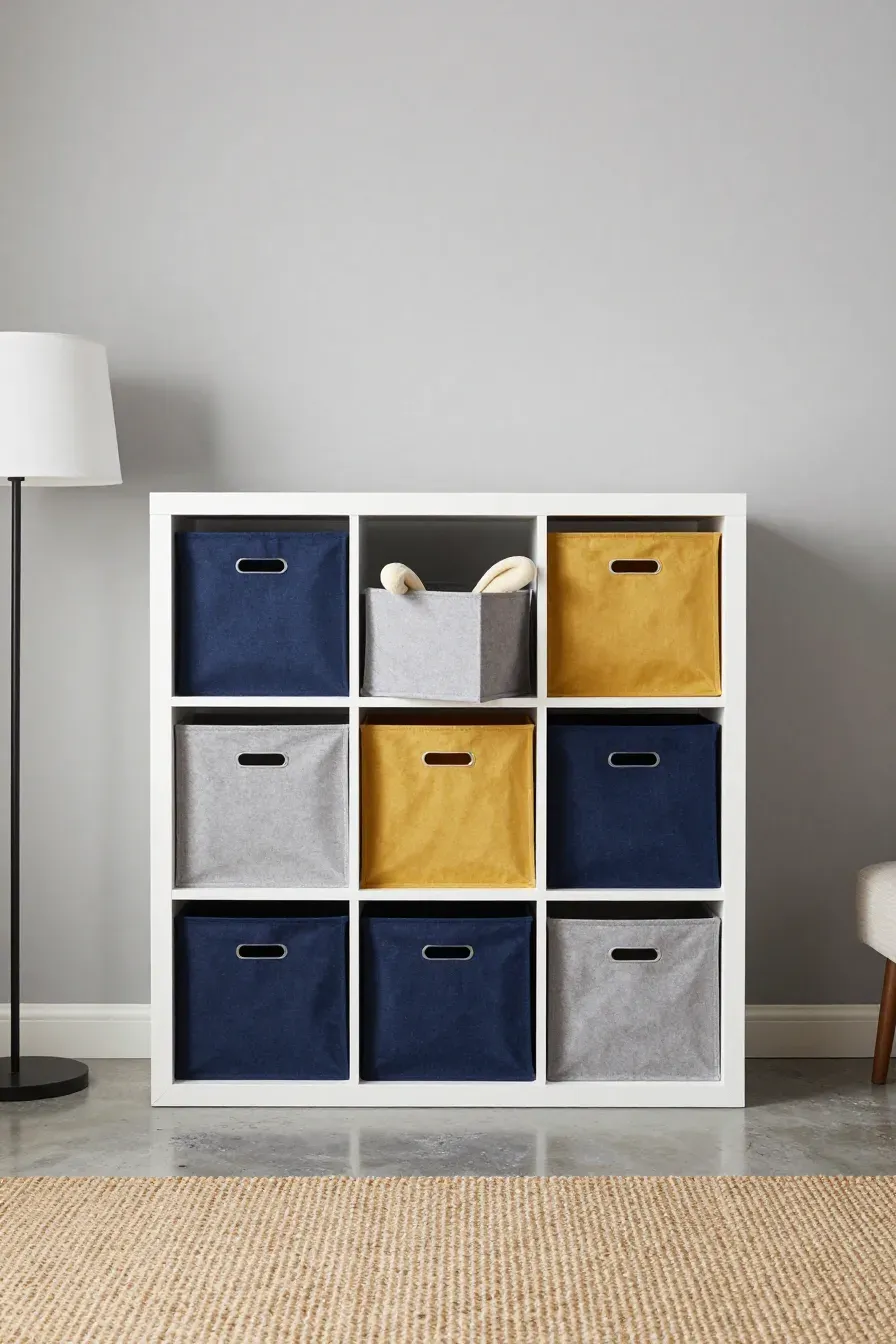 A white cube shelf with navy, gray, and mustard fabric bins organized neatly against a wall.